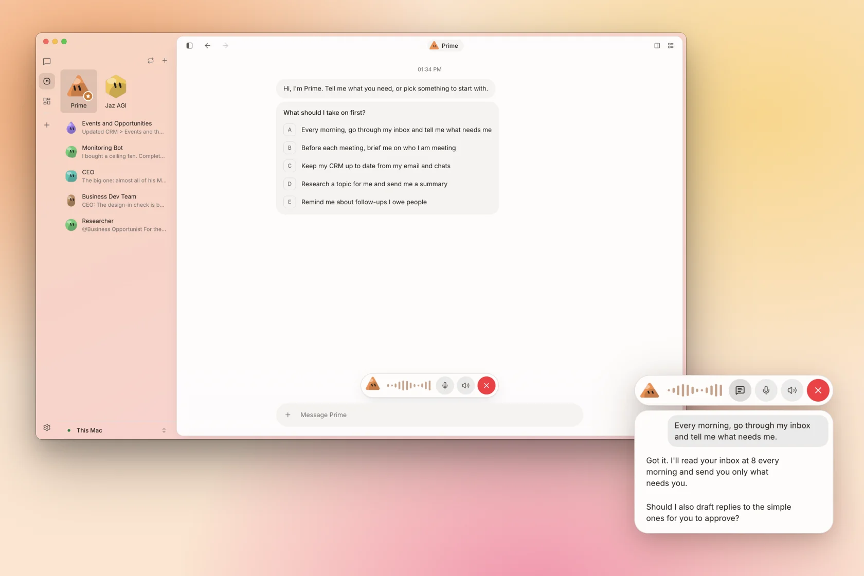 Voice Talk to a bot, and follow the live transcript in a floating pill once the app is minimised.